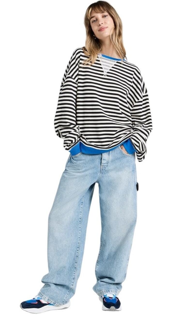 Free People We The Free Black Classic Striped Contrast Crew Sweatshirt